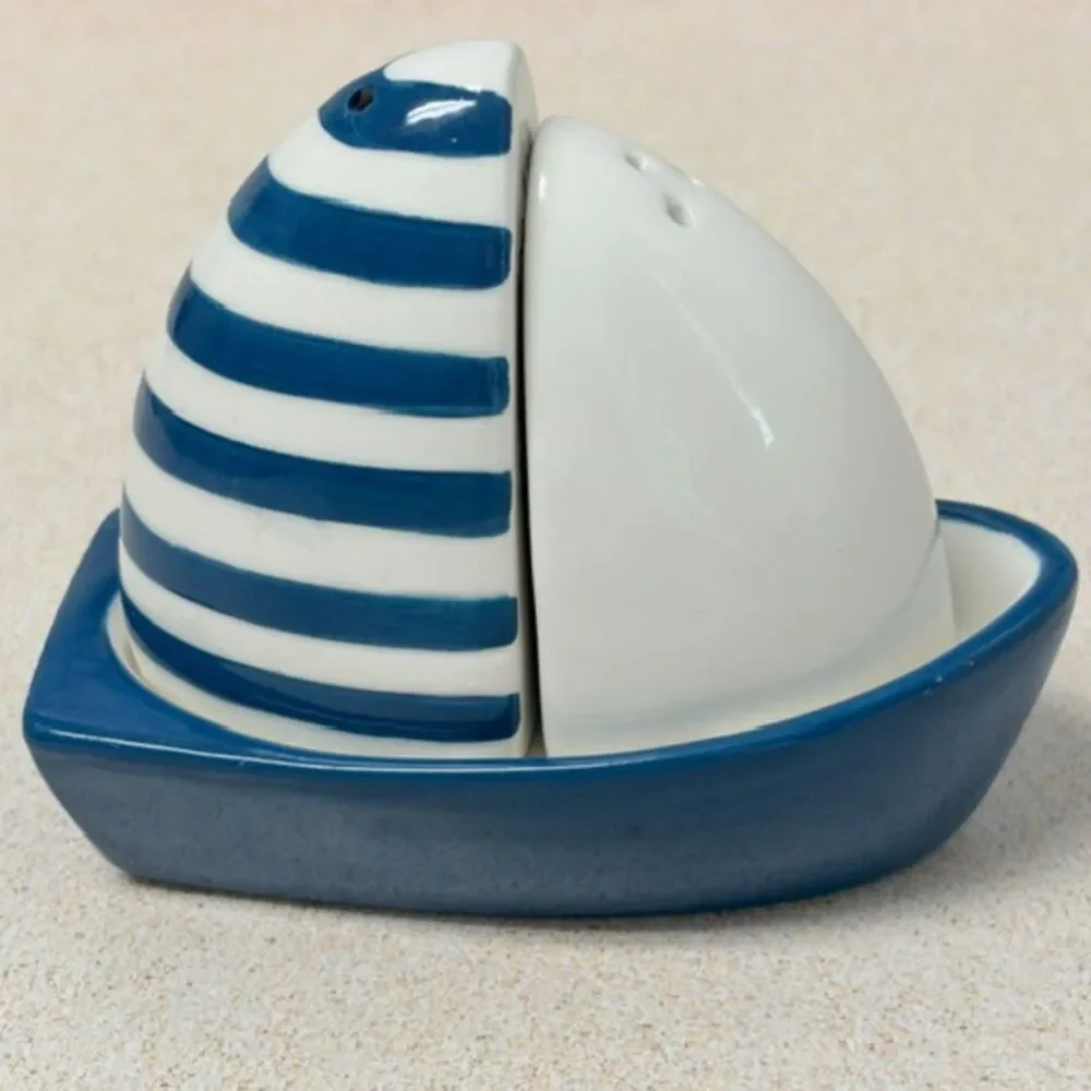 Kirkland’s Home Sailboat Salt Pepper Shaker Set Blue White Ceramic Coastal
